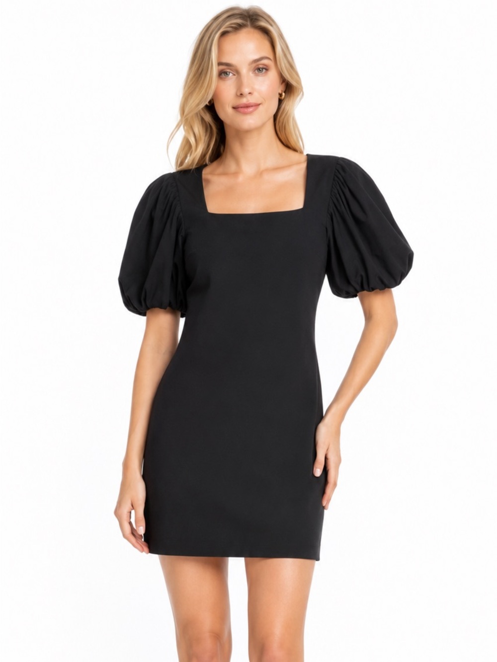 FRAME Nina Knit Mini Dress MEDIUM Black Puff Sleeve ORGANIC Cotton Blend Chic